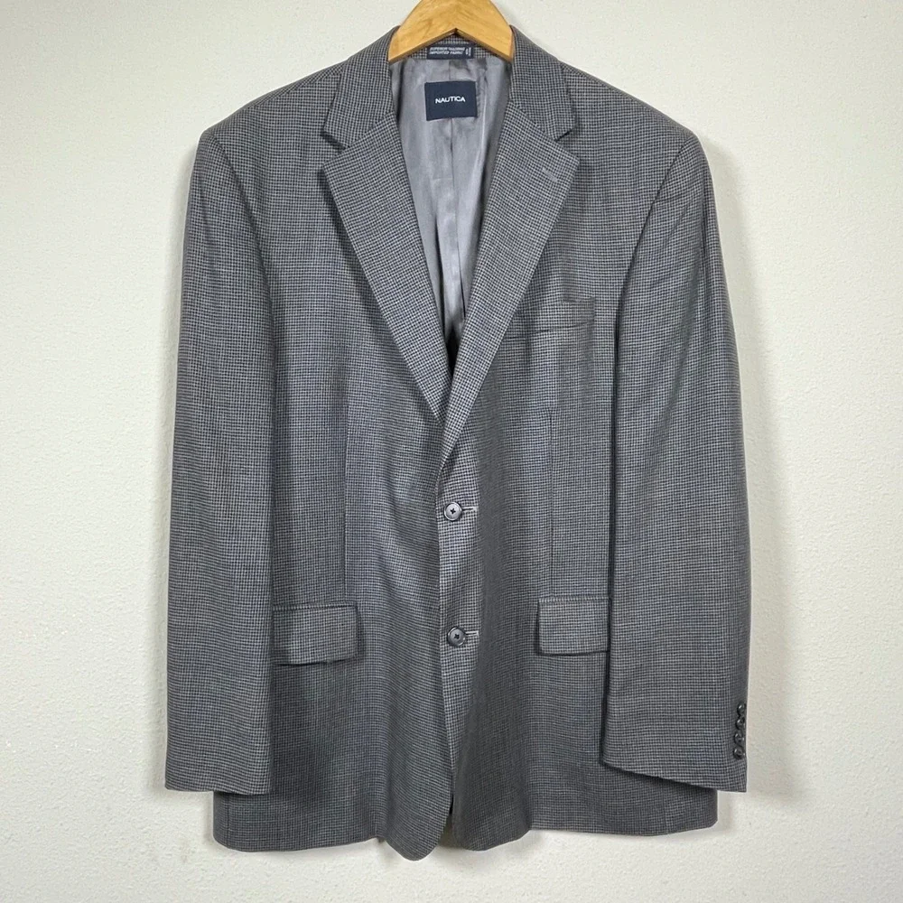 Nautica Blazer Mens 48L Gray Preppy Dark Academia Wool Houndstooth Sport Coat